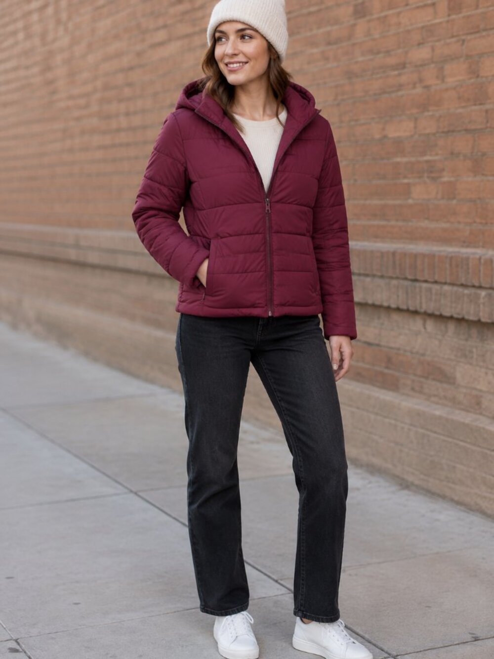 Me Jane Hooded Quilted Puffer Jacket in Deep Wine